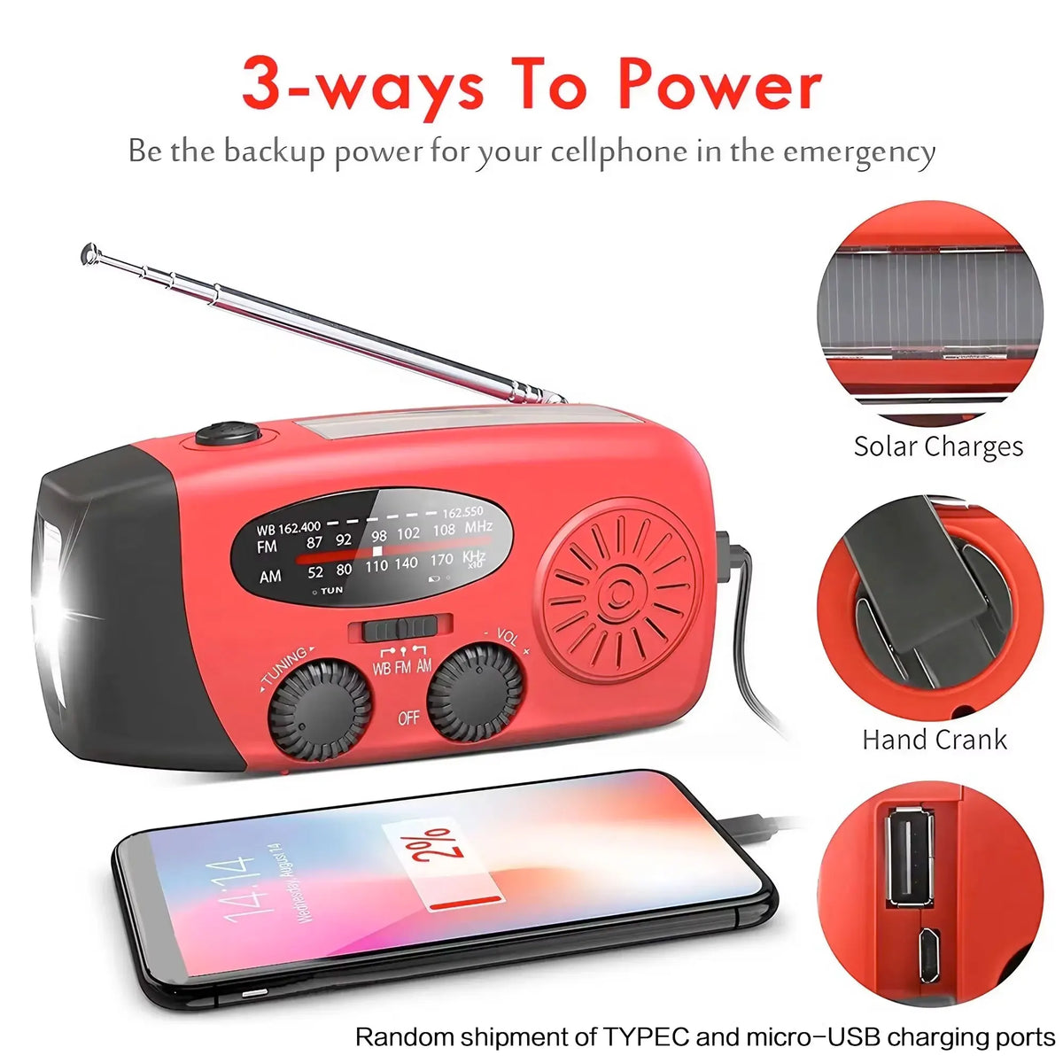 Wind-Up Emergency Quantix Radio – Solar & USB Rechargeable with LED Torch