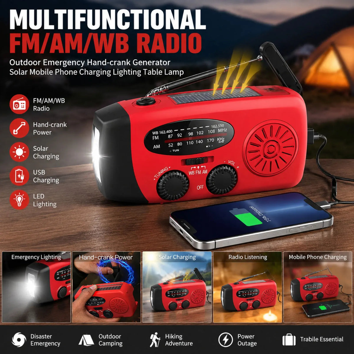 Wind-Up Emergency Quantix Radio – Solar & USB Rechargeable with LED Torch