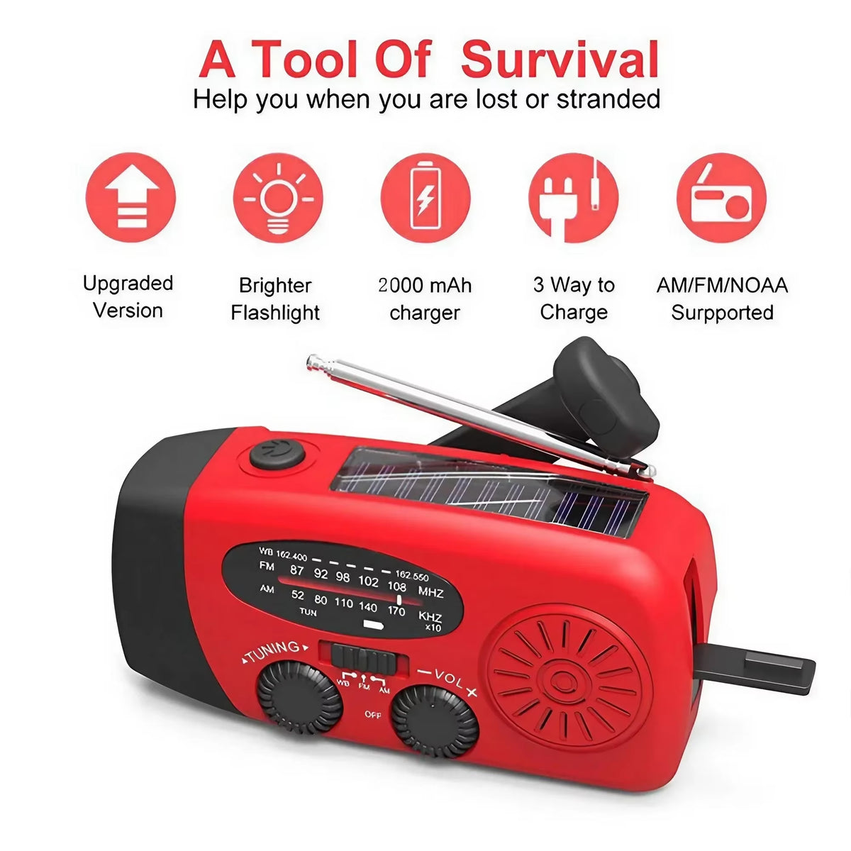 Wind-Up Emergency Quantix Radio – Solar & USB Rechargeable with LED Torch